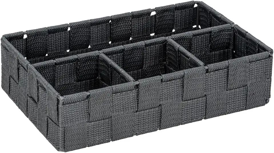 WENKO Aufbewahrungskorb Adria Klein Dunkelgrau - Badorganizer mit 4 Fächern, Polypropylen, 26 x 6.5 x 17 cm, Dunkelgrau