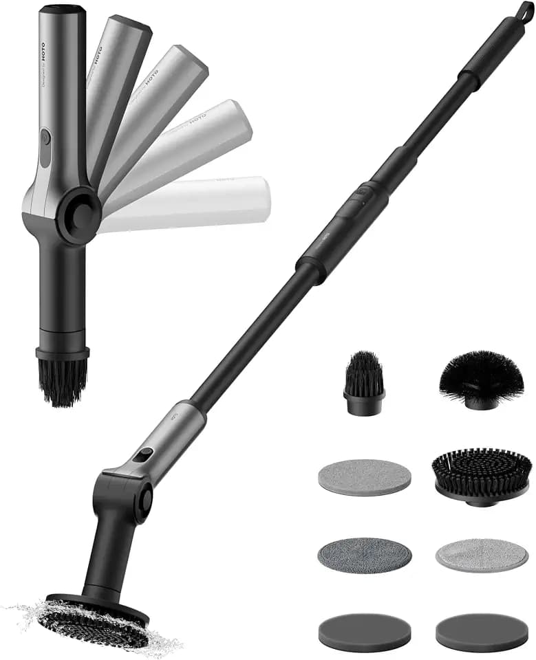 HOTO Flexi™ Elektrische Reinigungsbürste, LED-Anzeige, Bad Putzbürste, IPX7 | Verstellbarer Winkel, Verlängerungsstiel, Hohe Leistung mit 8 Wechselbürstenköpfe für Bad, Fliesen, Böden, Auto