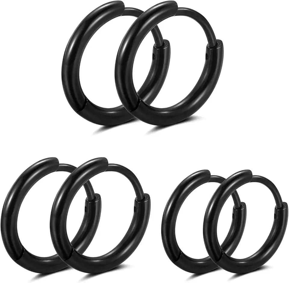 Black Hoop Earrings for Men 8mm 10mm 12mm – Surgical Stainless Steel Hypoallergenic Mens Small to Medium Hoop Earrings Set (3 Pairs)