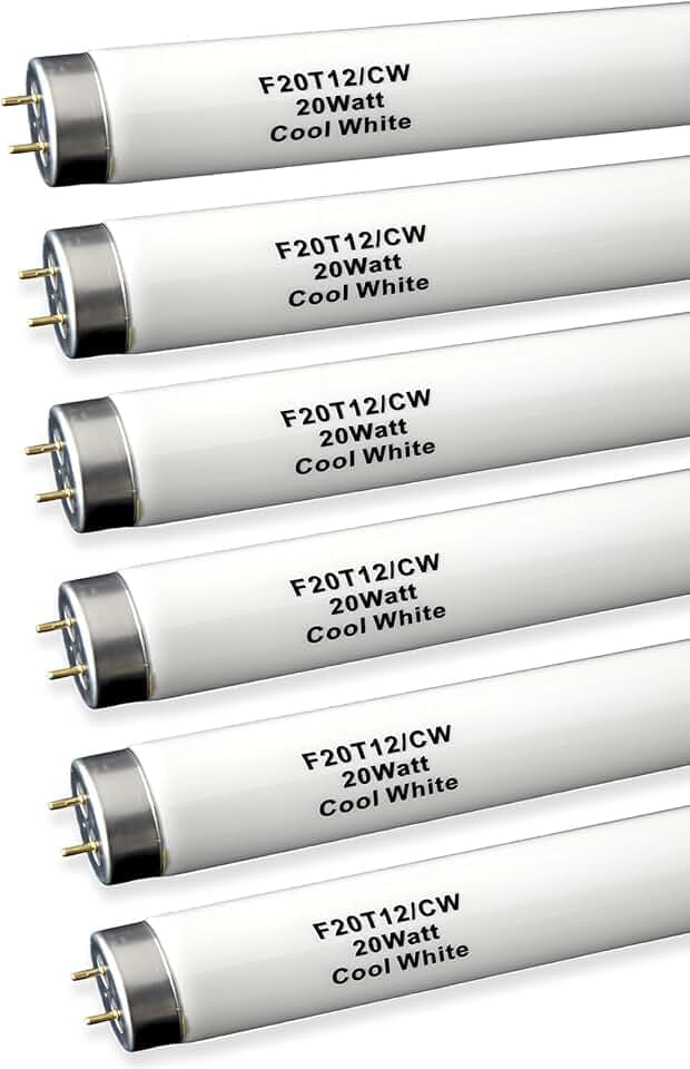6pack 24 inch F20T12/CW 20W Fluorescent Light Bulb, 2FT 20 Watts 4100K Cool White, T12 Tube Dia 1.5 inch,G13 Base,1200 Lumen High Brightness
