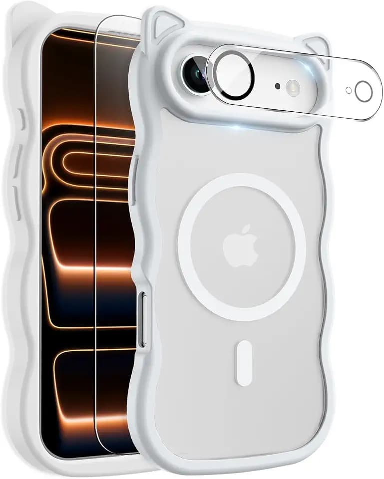 3 in 1 Magnetic for iPhone 17 Air Case for Women Girls,1X Screen Protector+1X Camera Lens Protector,Compatible with MagSafe,Translucent Matte,Cute Cat-Ear Wavy Phone Case,6.5",Milky White