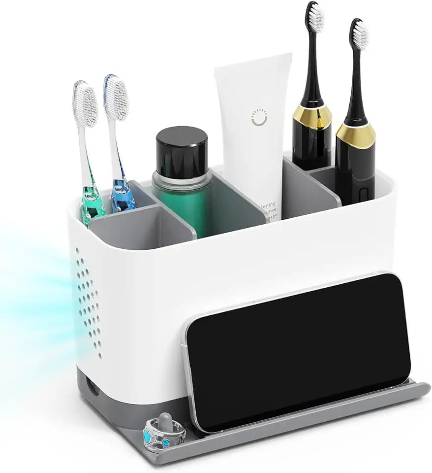 Zahnbürstenhalter mit öffnung für Kabel Verstellbarer 6 Fächern Zahnbürste und Zahnpasta Halter, Abnehmbarer Badezimmer Organizer für die Arbeitsplatte mit Ablage Vorne für Smartphone und Ringe