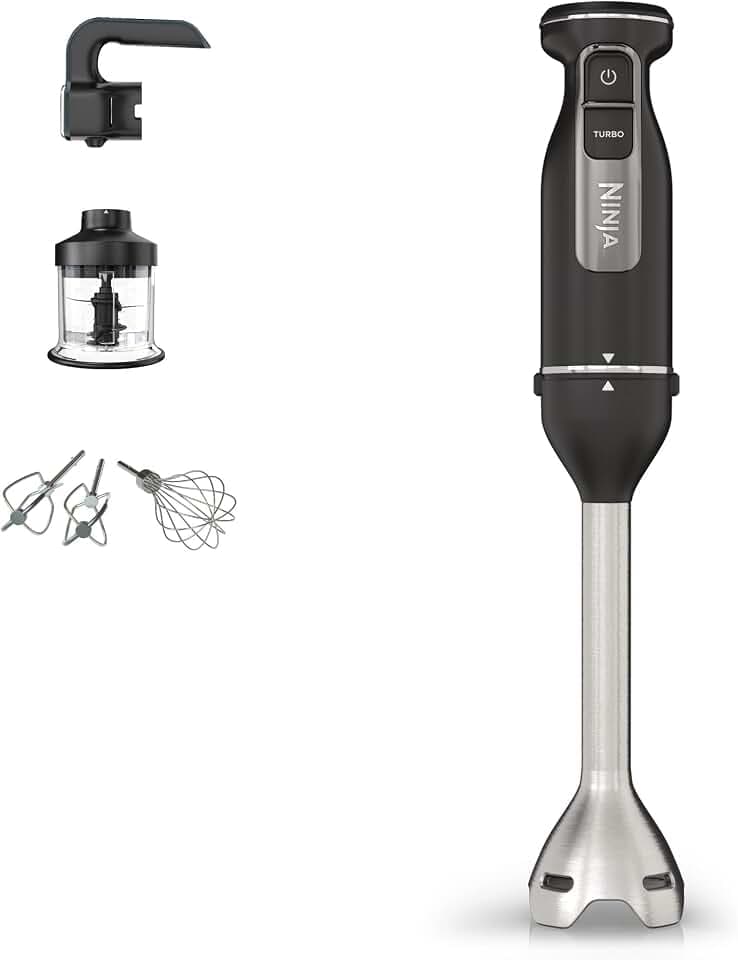 Ninja Foodi 3-in-1 Stabmixer, Handmixer & Zerkleinerer, Stufenweise Anlauf, 2 Misch- und 5 Rührgeschwindigkeiten zum Zerkleinern, Mischen, Kneten und mehr, spülmaschinenfest, 850W, Schwarz CI100EU