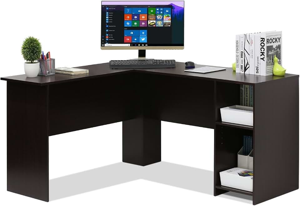 Furinno L-förmiger Schreibtisch mit Regalen, Holz, Espresso, 125.9 x 135.9 x 72 cm