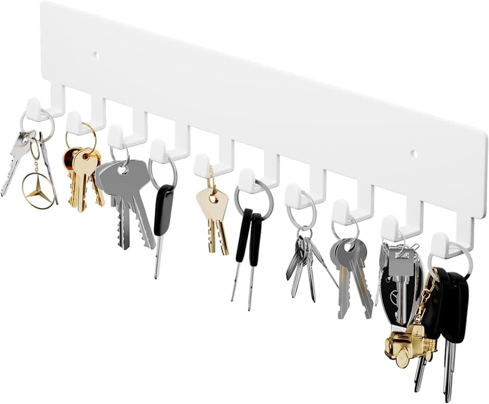 GTK Schlüsselhalter für die Wand, Schlüsselhaken mit 10 Haken, Wandmontierter Schlüsselhalter für den Flur, selbstklebendes Schlüsselbrett (Weiß)