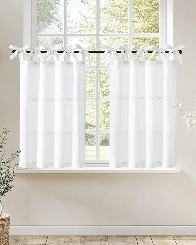 jinchan White Solid Linen Kitchen Tier Curtains 30 Inches Tie Top 2 Panles