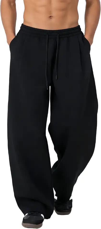 Men's Baggy Casual Pants Wide Leg Barrel Sweatpants Elastic Waist Drawstring Lounge with Deep Pockets Black