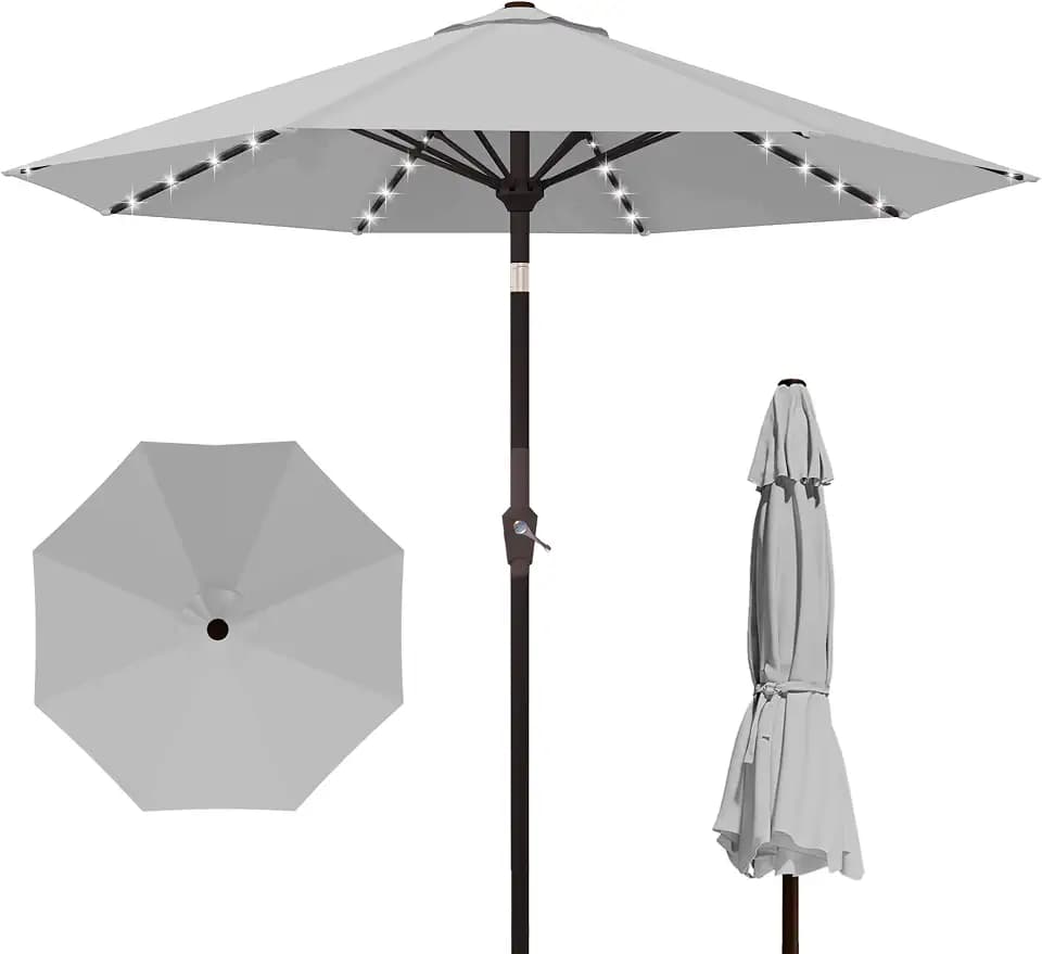 Kingdura 10FT Outdoor Patio Umbrella with Solar Lights, Market Table Umbrella with Push Button Tilt & Crank, 8 Sturdy Ribs, 32 LED Lights, UV Protection for Garden Lawn Deck Backyard Pool (Light grey)