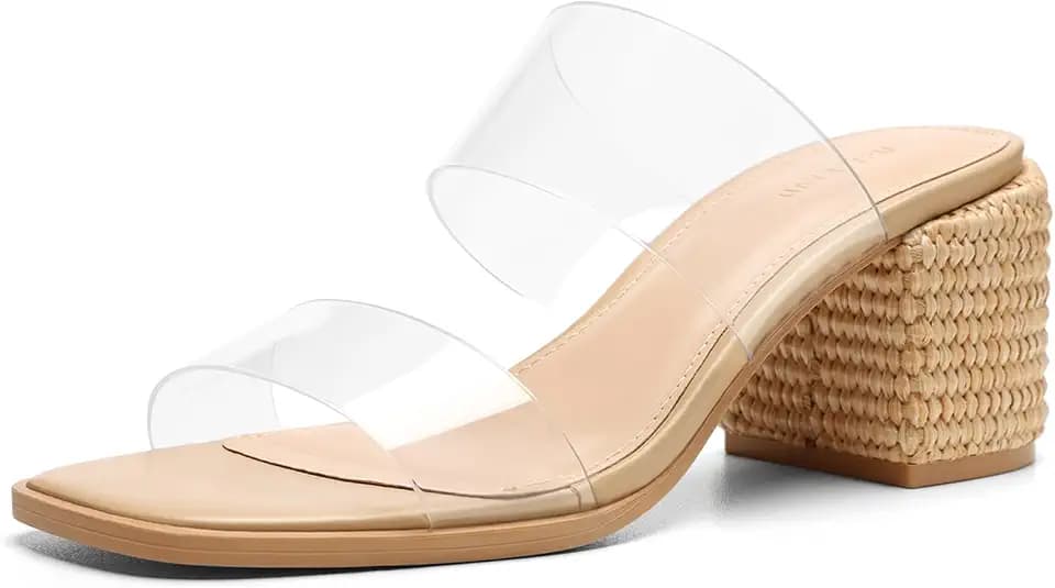 Summer Heeled Sandals for Women Two Strap Sandals Square Open Toe Slip On Mules Low Block Chunky Heels Casual Vacation Beach Shoes