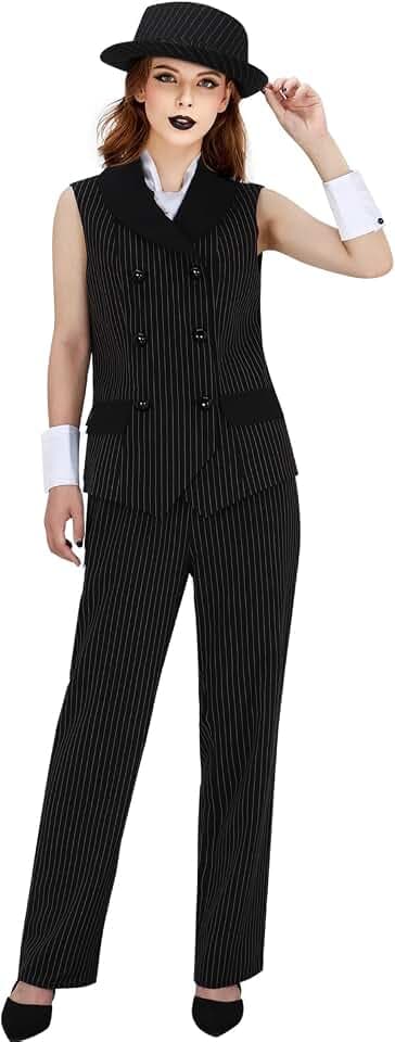 Women 1920s Gangster Costume Vest Pants Hat Pinstripe Suit Roaring 20s Mobster Halloween Cosplay Outfit