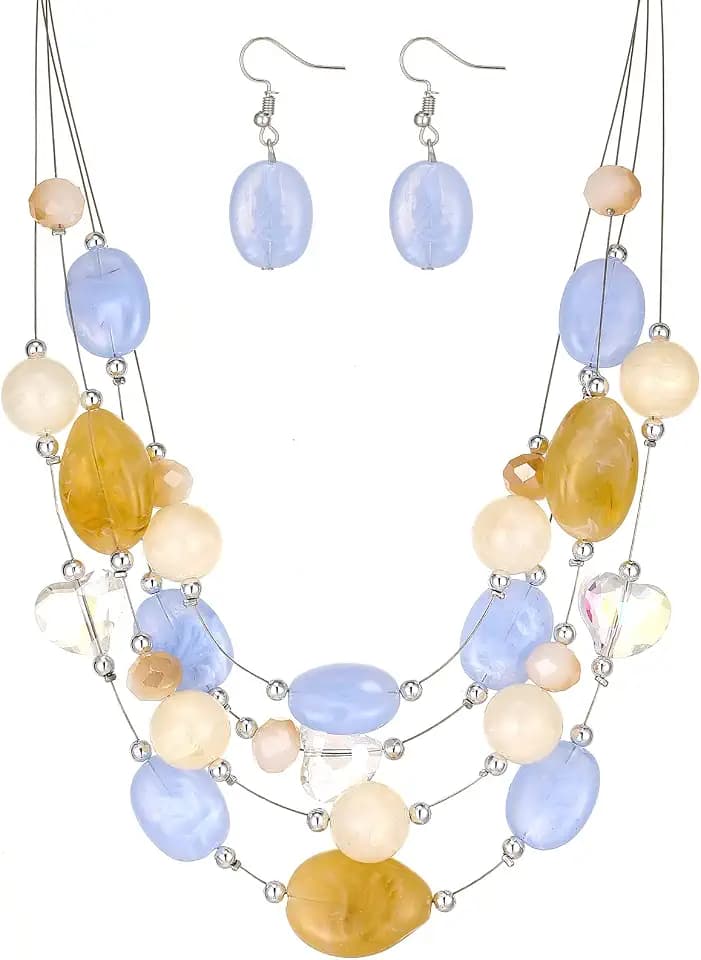Layered Chunky Beaded Necklace for Women Colorful Multi-Layer Statement Necklace and Earrings Set Gift for Her