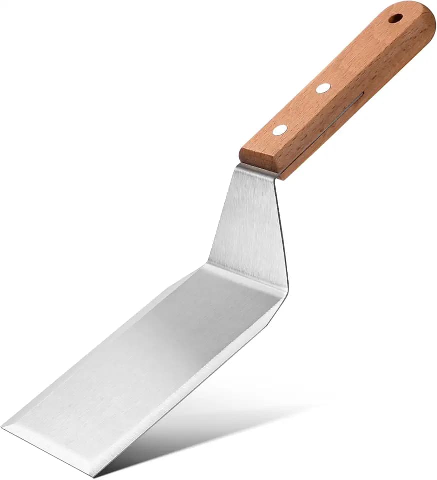 Pfannenwender aus Edelstahl mit Holzgriff, 11 x 2,7 Zoll, Grillwender, Hitzebeständiger Küchenschaber, Robuster Metallspatel für Grillen, Burger, Braten und Küche, Silberfarben