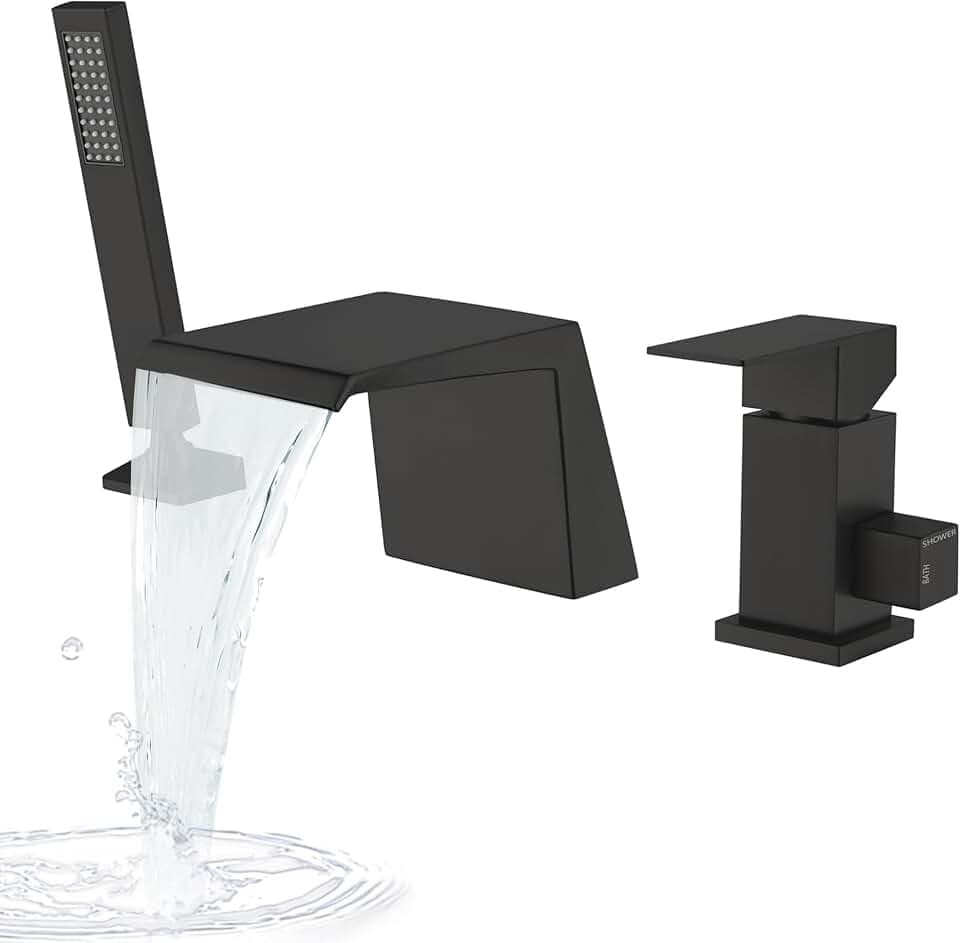 LIWEIKE 3 Loch Badewannenarmatur, Wasserfall Badewannenarmatur Matt schwarz Römische Badewanne Wasserhahn mit Handbrause