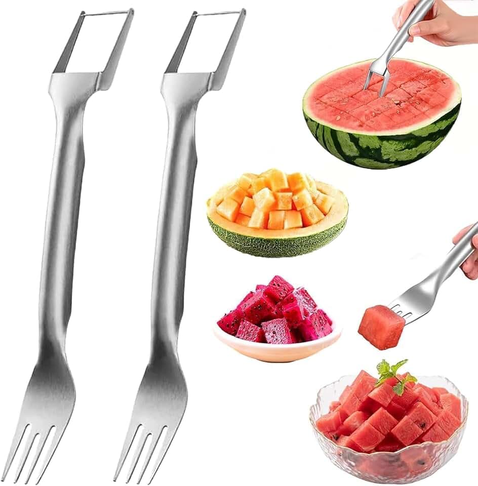 2-in-1 Stainless Steel Fruit Cutter, Watermelon Cutter, Dual Head Watermelon Fork Slicer Tool, Summer Fruit Cutting Kitchen Gadget