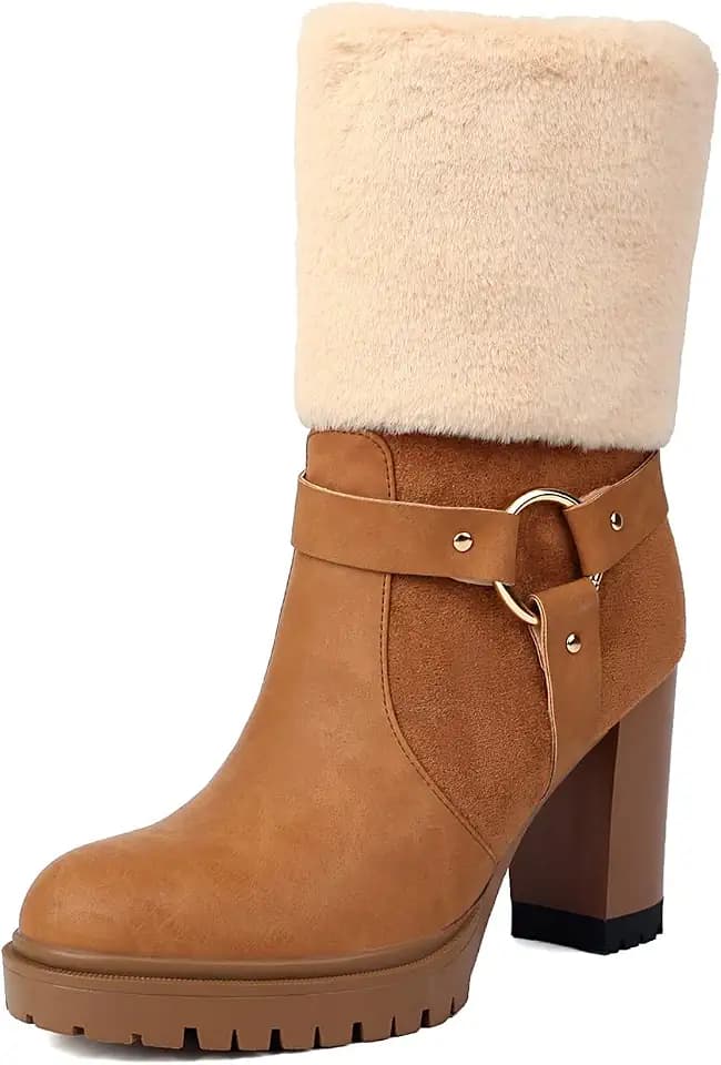 UTIKLIOU Women's Ankle Boots Platform Boots Side Zip Chunky Heel Booties with Fur Round Toe Leather Winter Boots for Women