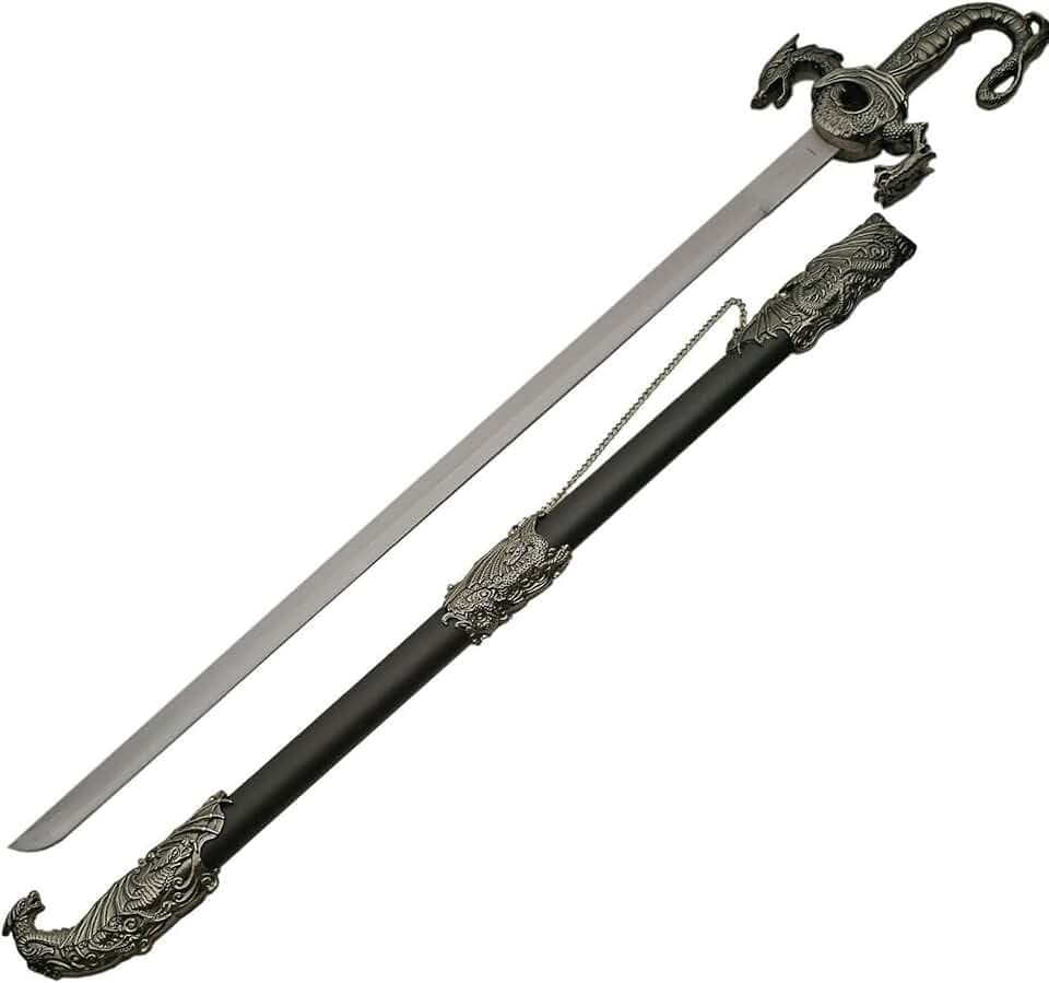 SZCO 36" Dragon Sword – Decorative Metal Sword for Adults with Silver Dragon Handle & Ornate Black Scabbard with Shoulder Chain for Cosplay, Display & Gift