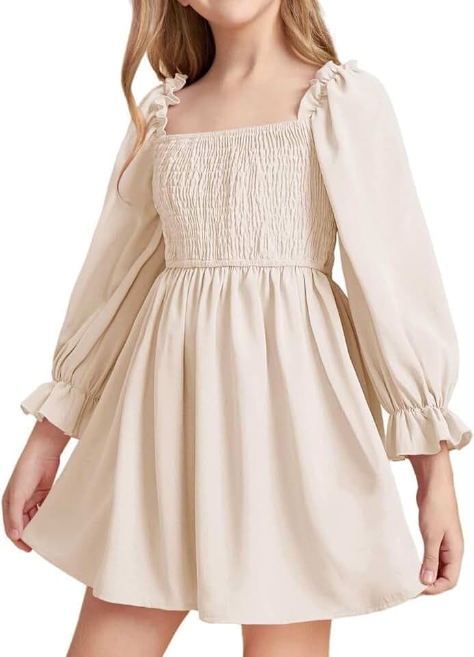 JiAmy Mädchen Kleid Langarm Quadratischer Ausschnitt A-Linie Kleider Frühling Sommer Kinder Freizeit Elegante Hochzeit Party Festlich Kleidung für Mädchen 4-14 Jahre