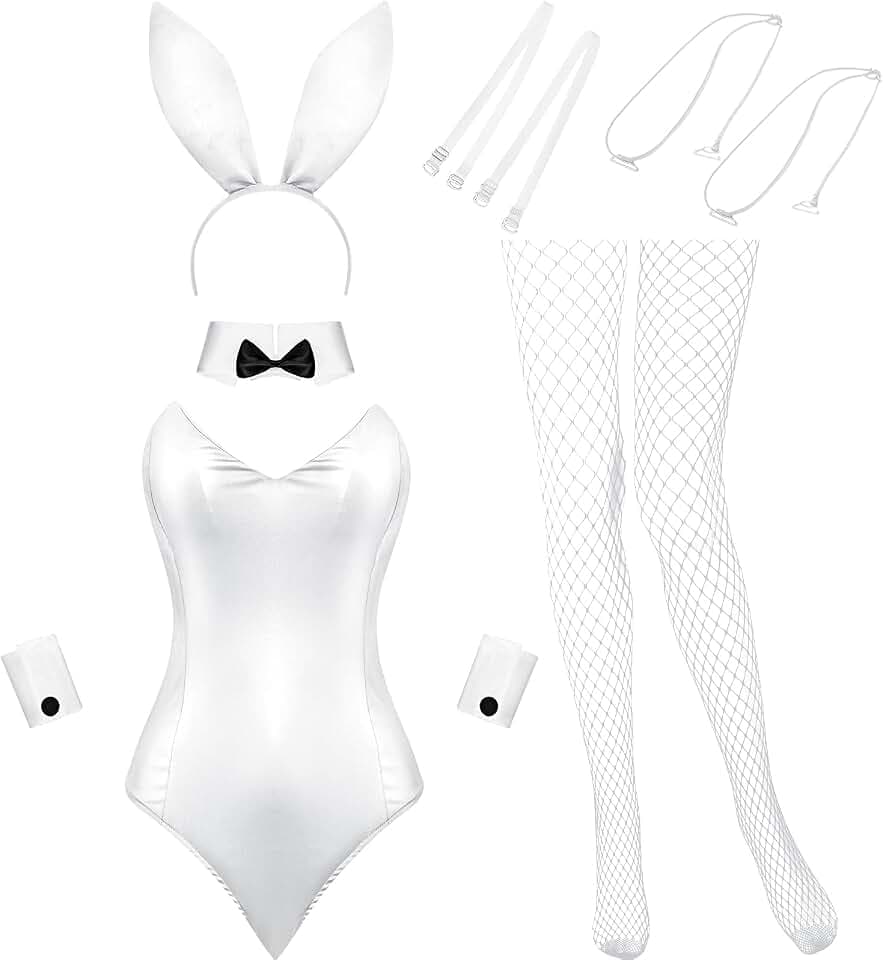 Geyoga Halloween Anime Damen Hase Kostüm Einteiler Bodysuit Kaninchen Haarreif Strümpfe Set Hasen Outfit für Weihnachten Party