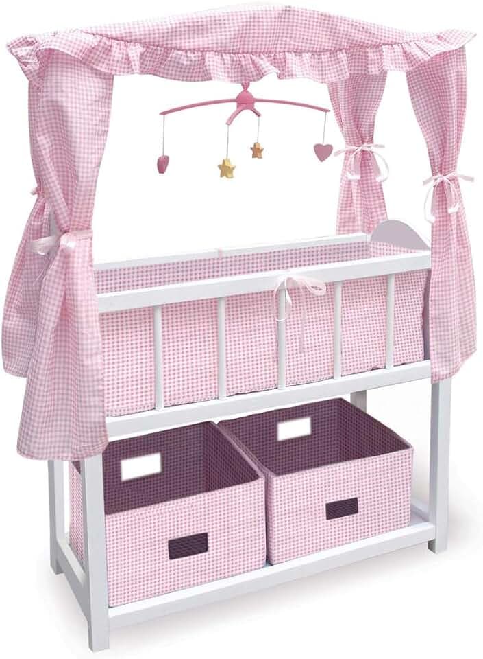 Badger Basket Doll Crib with Bedding, Storage Baskets, Mobile & Personalization Kit - Ideal Nursery Set for Dolls Up to 22 Inches, Best for Doll Accessories & Playtime - White/Pink