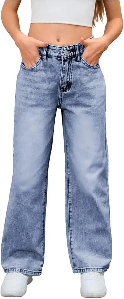 MakeMeChic Girl's Baggy Jeans Wide Straight Leg Denim Pants Kids 4-16Y