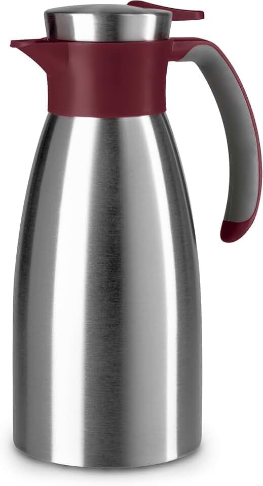 Emsa Soft Grip Isolierkanne, 1 Liter, Edelstahl, 12 Stunden heiß + 24 Stunden kalt, Auslaufsicher, Rutschfester Griff, Farbe Weinrot, N4120200