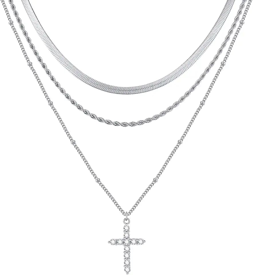KSF Gold Layered Cross Necklace for Women - 14K Gold Plated Layered Cross Cubic Zirconia Pendant Necklace for Women Trendy Stack Jewelry Gift