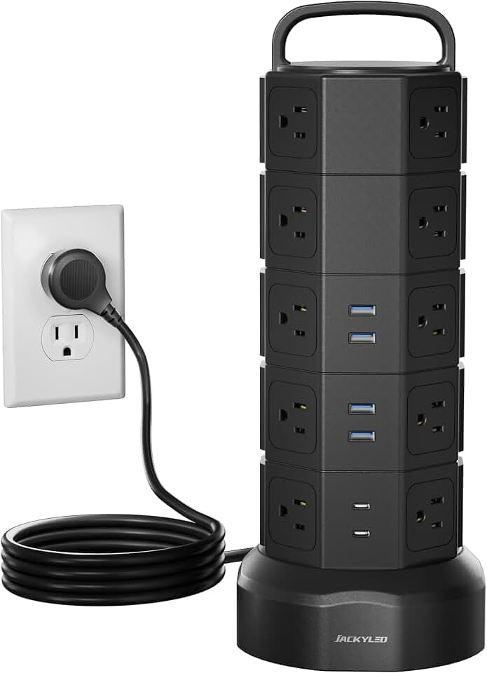 JACKYLED Power Strip Tower Surge Protector, 20 AC 6 USB (2 USB C), 1050J