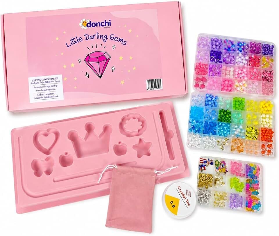 Donchi Little Darling Gems - Bracelet Making Kit - Jewelry Making Kit - Friendship Bracelet Kit - Bracelets Beads - 2 Bead Kits Cases - 1 Charm Case - Maker Table -Elastic, Waxed Thread & Storage Bag
