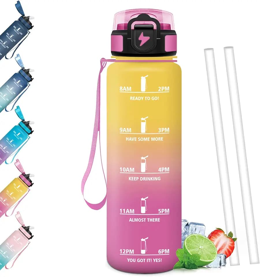 Trinkflasche 1L, BPA-Frei, Trinkflasche mit Strohhalm, Wasserflasche Auslaufsicher, Wasserflasche Kohlensäure Geeignet, Zeitanreiz, Sportflasche für Laufen, Fahrrad, Fitness, Party