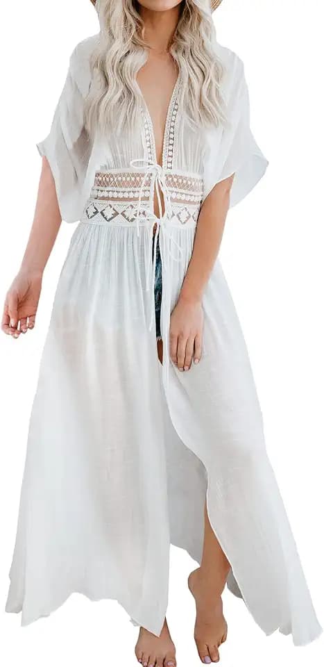 FANCYINN Damen Sommer Cover up Bikini Maxi Strandkleid Boho Kimono Lang Strand Cardigan Leichte Strickjacke Beachwear