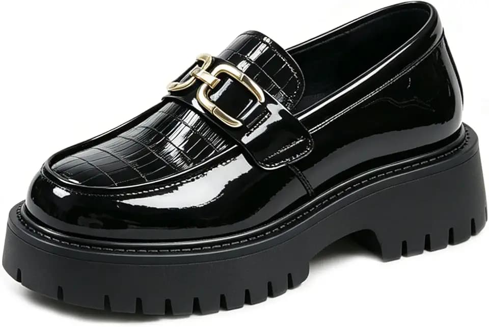 Men's Patent Leather Platform Penny Loafers Classic Slip-on Lug Sole Business Dress Shoes with Metal Horsebit Detail Daily Non-Slip Shock Absorbing Casual Shoes