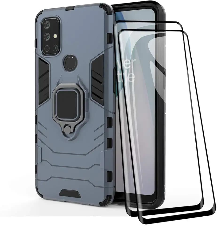 TANYO Handyhülle + Displayschutzfolie [2 Stück] für OnePlus Nord N10 5G, TPU/PC Heavy Duty Stoßfest Armor Schutzhülle [360° Halterung] mit Displayschutzfolie aus gehärtetem Glas, Blau