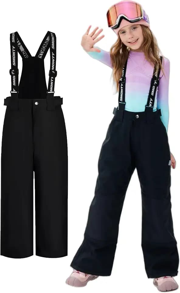 SMONTY Kids Winter Ski Pant Snow Bibs Boys Girls Snow Trouser Waterproof Windproof Warm Detachable Shoulder Straps(14 Years,Black)