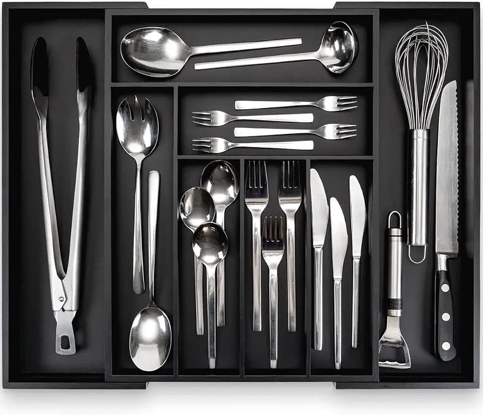 budu Besteckkasten #43 (Tiefe 43cm) aus Bambus - Schwarz - Schubladen Ordnungssystem für die Küche - Besteckkasten für Schubladen aus Bambus - Ausziehbar - Kitchen drawer organizer - Kitchen organizer