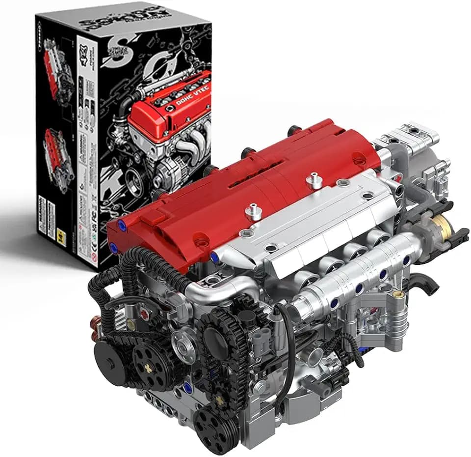 KMS JDM High Performance Engine Building Kit, K-Series Red Top 4-Cylinder Model with Linked Moving Pistons, Silver Metallic Finish, Mechanical Assembly Toy & Display Gift for Car Enthusiasts