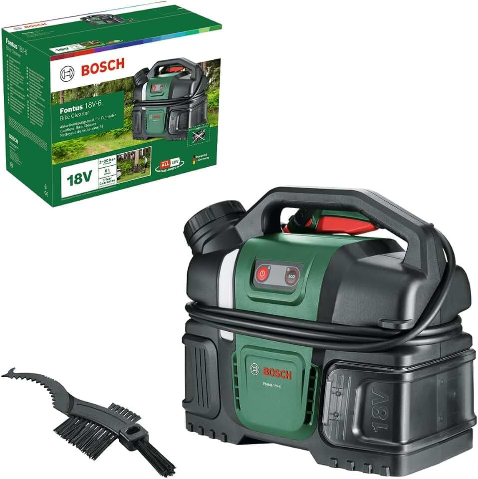 Bosch Akku-Druckreiniger Fontus 18V-6 für Fahrräder (mobil, mini, 6-Liter-Wassertank, 8 Druckstufen, Aufbewahrung für Schlauch und Pistole, onhe Akku)