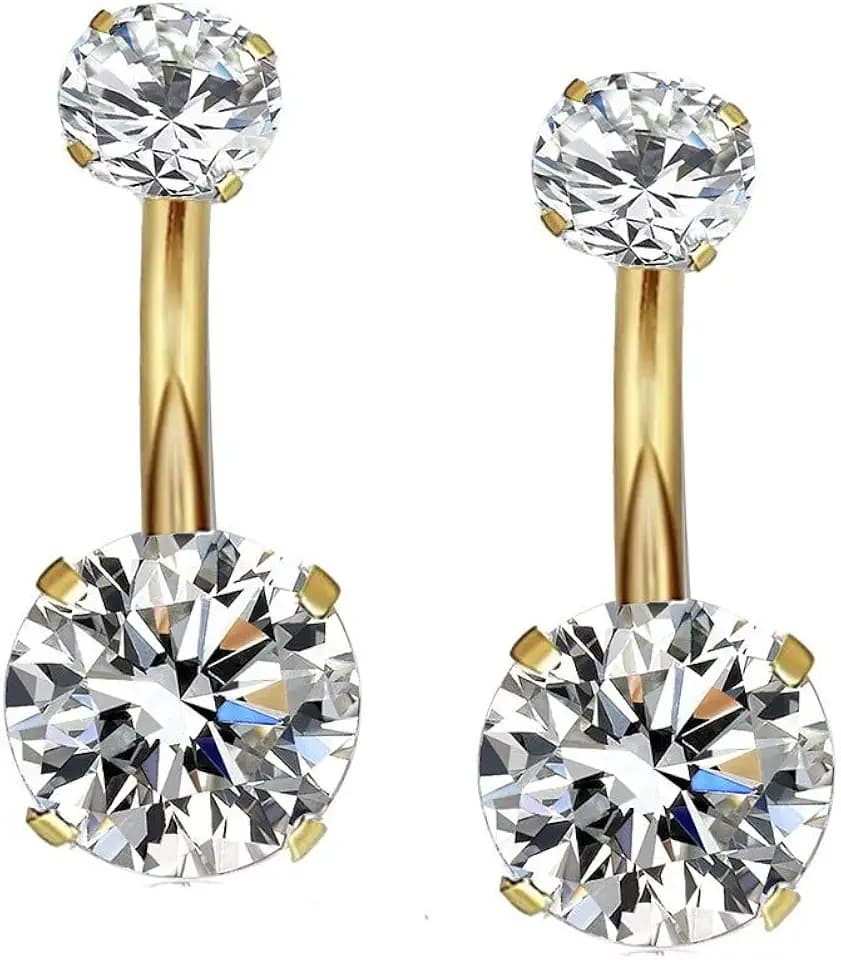 YHMM 14G Surgical Steel Gold Belly Button Rings, Internally Threaded Round CZ Navel Barbell Stud for Women Men