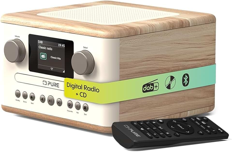 Pure Classic C-D4 – DAB+ & UKW Radio mit CD-Player, Netzbetrieb, Bluetooth 5.3, USB & AUX, Farbdisplay, 15 Watt Lautsprecher, Dual-Wecker, Fernbedienung – Cotton White/Oak