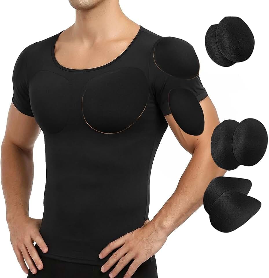 Bslingerie Herren Gepolstertes Kompressions-Muskelshirt mit Fake Brust und Schulter Enhancer, Winter Langarm Shapewear Unterhemd, Schwarz, Größen S-XXL