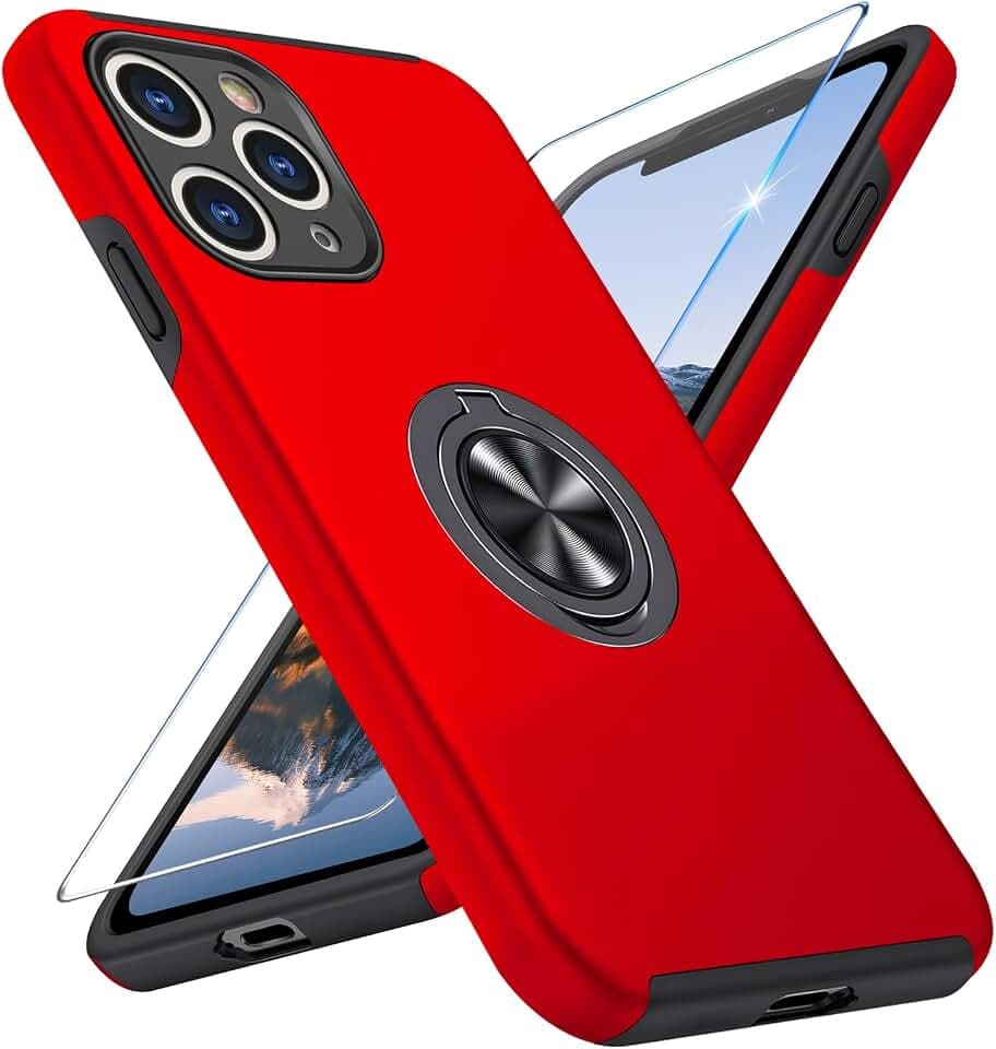Vaki Handyhülle für iPhone 11 Pro Hülle mit Schutzfolie, Schutzhülle Case mit 360° Magnetischer Ring Ständer Kratzfest Fallfestigkeit Stoßfest für iPhone 11 Pro Cover (Rot)