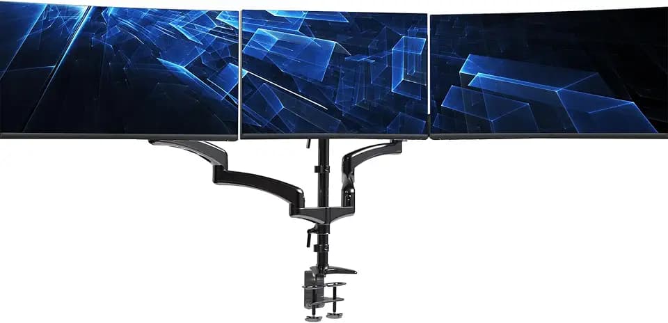 VIVO Triple Pneumatic Monitor Mount for 3 Screens up to 32 inches, Fully Adjustable, Heavy Duty Desk Stand with C-Clamp, Black, STAND-V300G