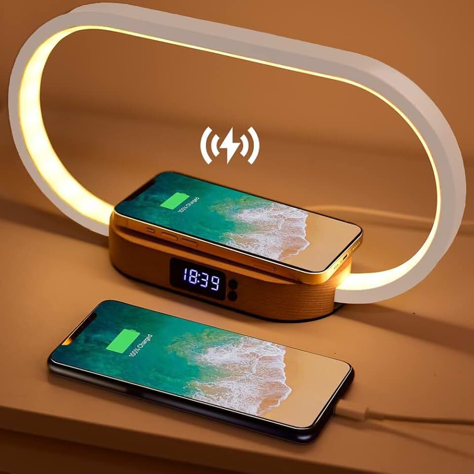 Nachttischlampe mit Ladefunktion, Nachttischlampe mit Uhr und USB-Aufladung, 15W Wireless Charger, 3 Farbmodi, Tischlampe Touch Dimmbar für Schlafzimmer Büro, Holz&Weiß