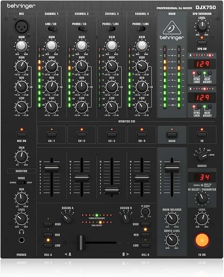 Behringer PRO MIXER DJX750 Professioneller 5-Kanal-DJ-Mixer mit fortschrittlichen Digitaleffekten und BPM-Zähler