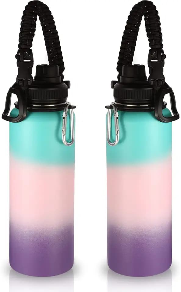Volhoply Insulated Water Bottles Bulk 2 Pack, 40 oz Sports Bottle with Paracord Handle & Spout Lid, Double Walled Vacuum Water Cups with Wide Mouth,Reusable Hiking Water jug(Gradient Color,2 Set)