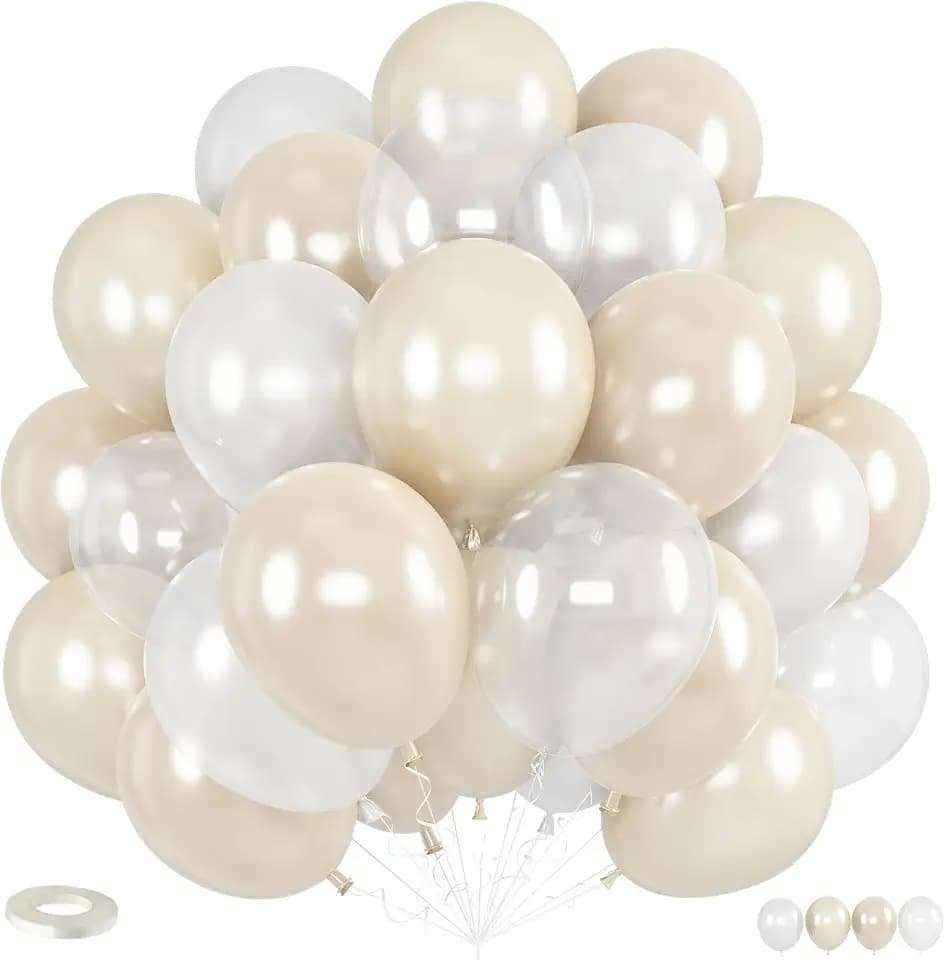 Pearl White Balloons, 12 Inch Double Stuffed Pearl Balloons, 50pcs Double Stuffed Latex Sand White Ivory Clear Balloon for Bachelorette Bride Baby Shower Wedding Engagement Birthday Party Decorations