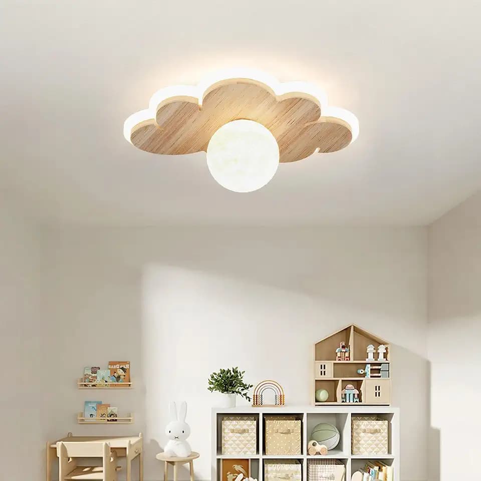 LED Deckenleuchte Schlafzimmer Kinderzimmerlampe, 4000K Wolken Deckenlampe LED mit Holz und Sphärisches Design, Kinderzimmer Lampe Decke für Flur Küchen Badezimmer Gang, 26CM 16W