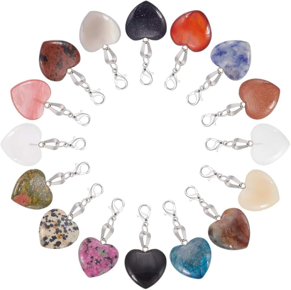PH PandaHall Herz Stein Charms 16pcs Liebe Herz Anhänger Valentinstag Charms Quarz Edelstein Chakra Stein Charm Anhänger mit Hummer Klauen Verschlüsse für Valentine Mutter Hochzeit Halskette Schmuck