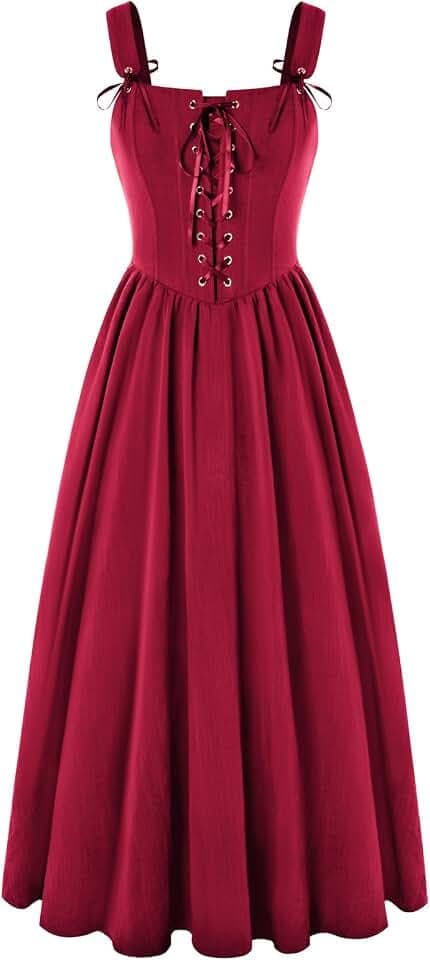 SCARLET DARKNESS Damen Renaissance Korsett Kleid Ärmellos mit Schnürung Gesmokt Mittelalter Maxikleid