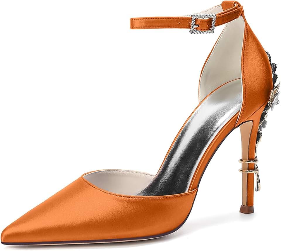 ZK1275-01H Women's Satin Pointed Toe Pumps, 4-Inch Stiletto High Heels with Anti-Slip Rubber Sole, Elegant Ankle Strap Bridal Shoes for Wedding, Evening Party & Prom