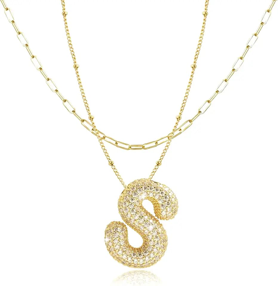 Bubble Letter Gold Necklace, 14K Gold Plated, Initial Necklace for Women, Dainty Layered Birthdays Gift for Women